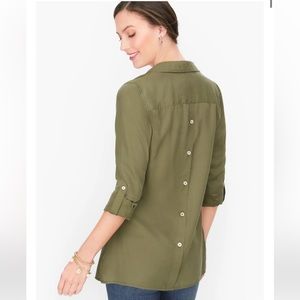 TALBOTS Olive Green Tencel Button Back Collared Tunic Length Top - Size L NWT